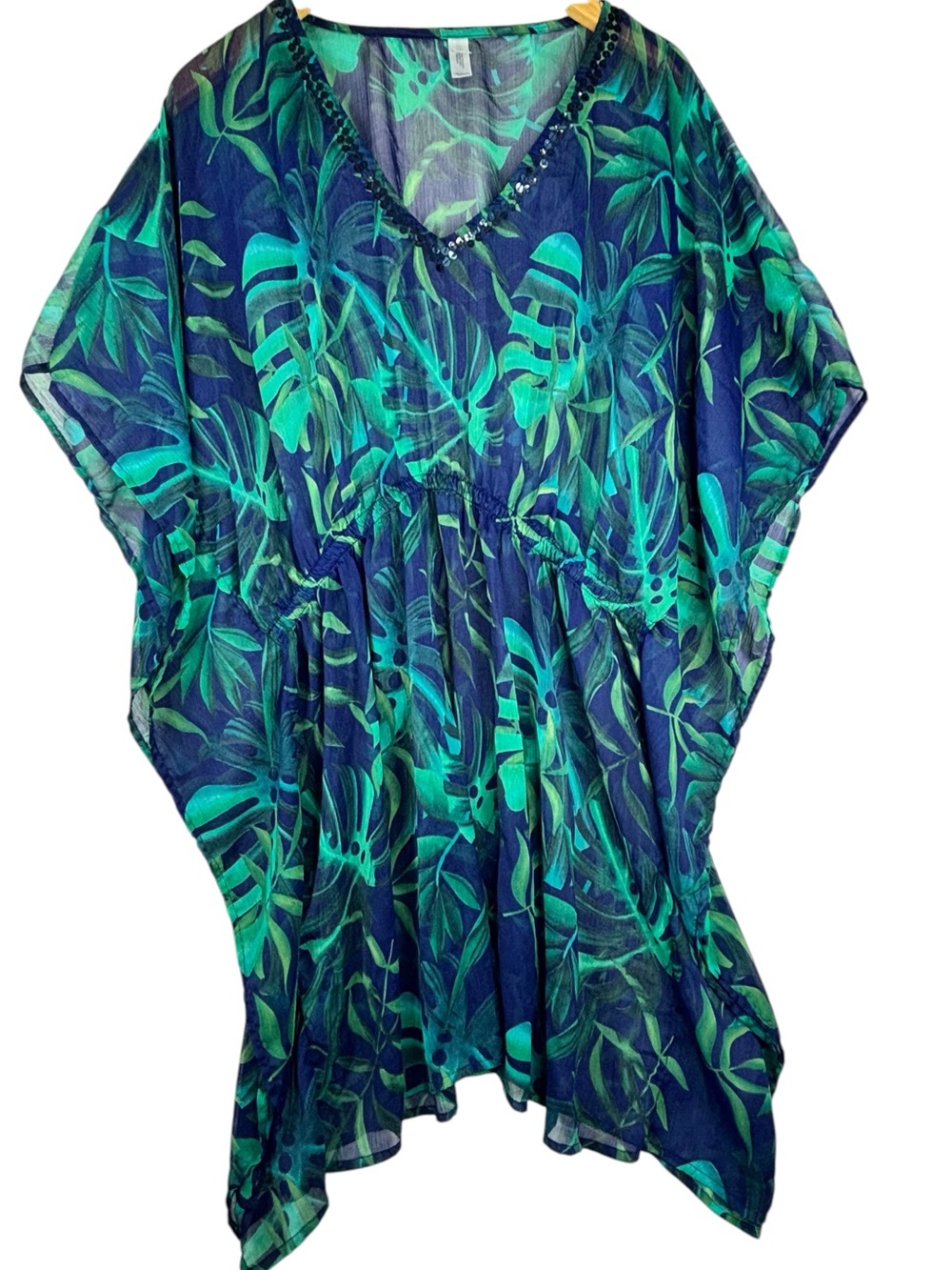Sears Blue Green Tropical Palm Print Sequin Neckline Kaftan Cover Up L/XL 14-16